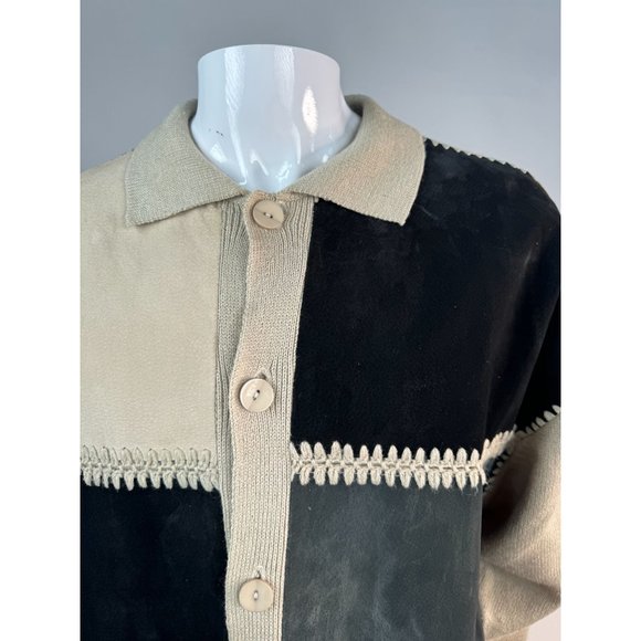 Virgola Uomo Patchwork Sweater Cardigan Size XL Beige Suede Suede, Ramie - Picture 8 of 16